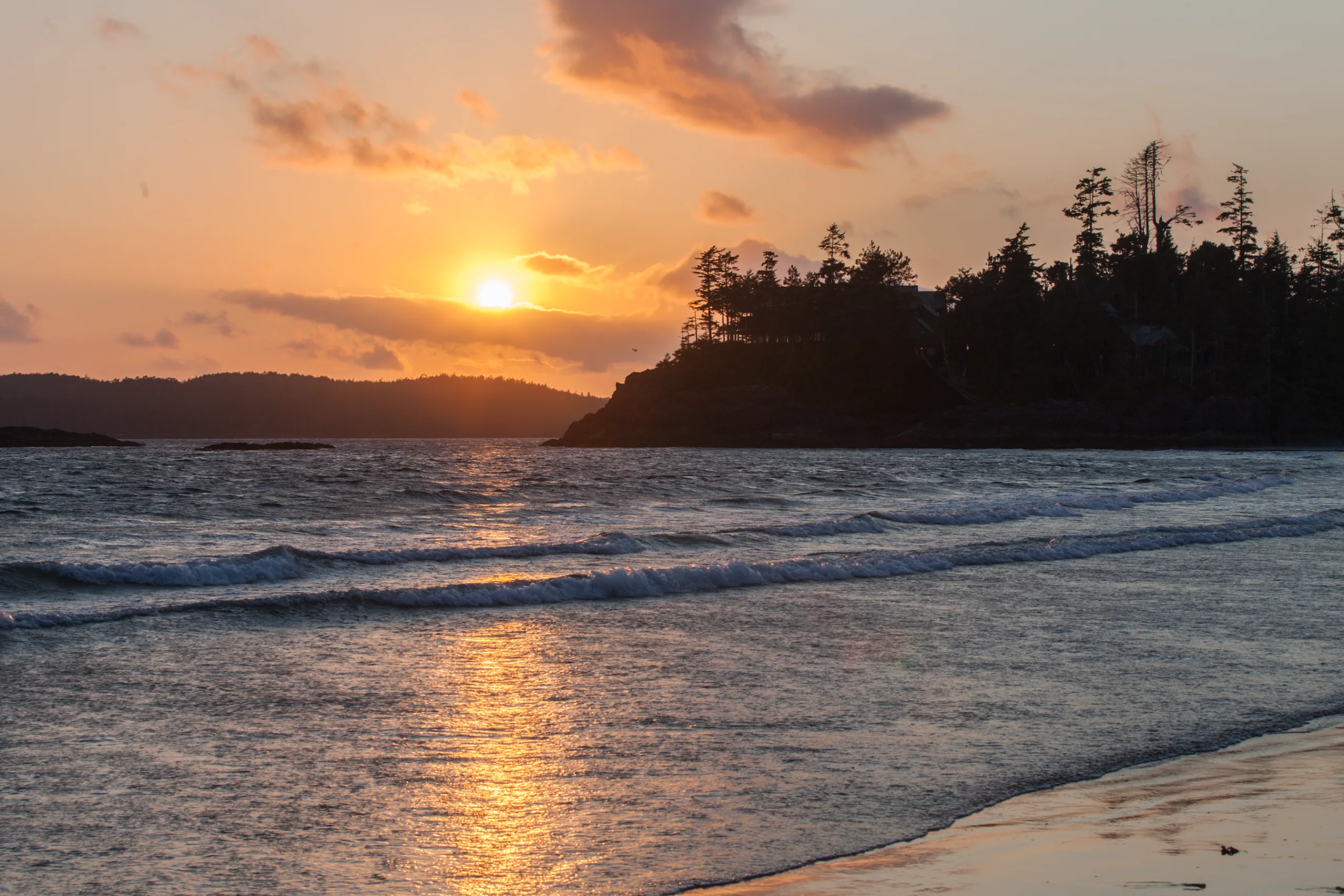 Sunset over the ocean behind a tree-covered headland in Tofino
