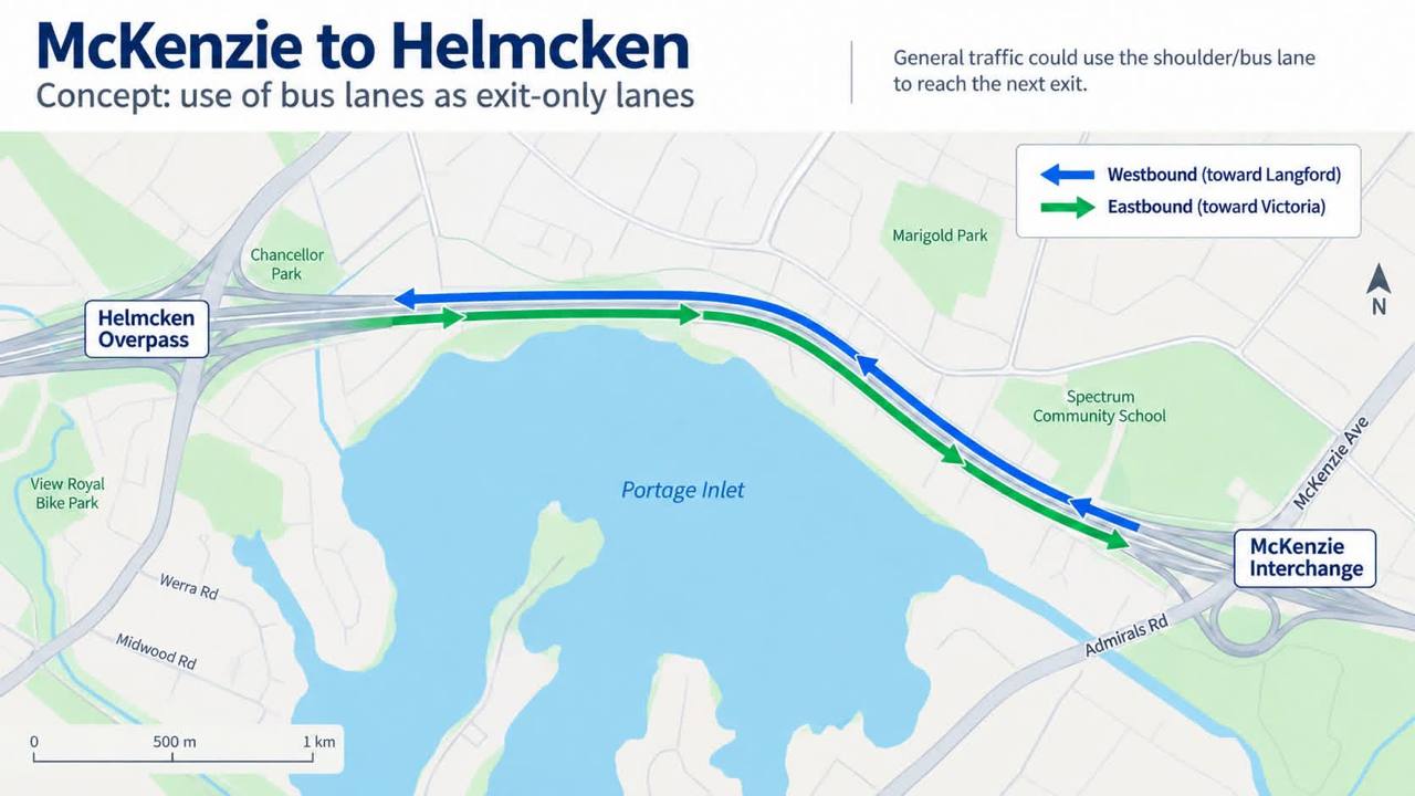 Concept map between McKenzie Interchange and Helmcken Overpass showing proposed exit-only use of bus lanes, with blue arrows westbound toward Langford and green arrows eastbound toward Victoria